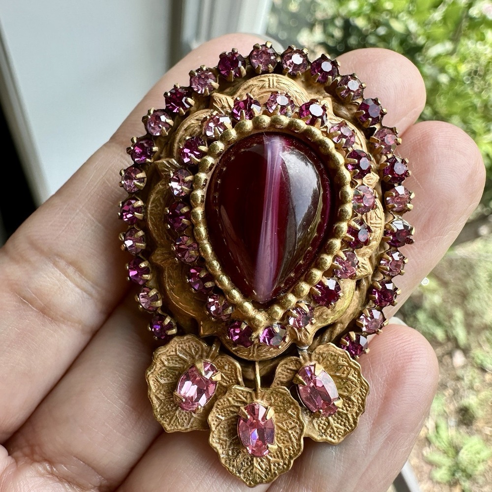 VTG Original By Robert Pendant Brooch 2 Inch Cat Eye Glass Cab Purple Rhinestone